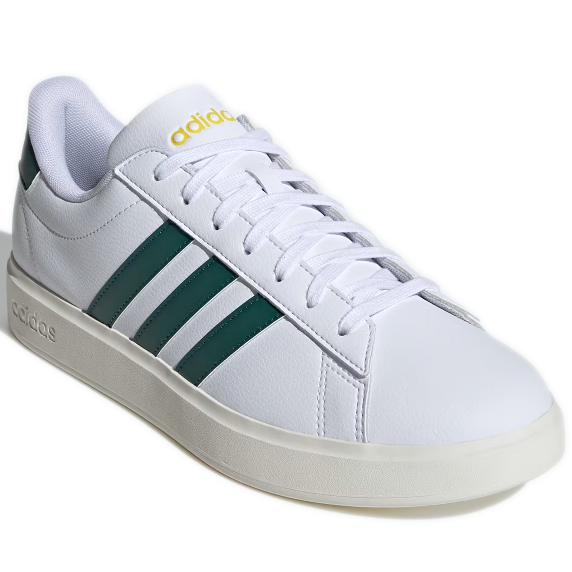 Men's Adidas Grand Court 2.0 Shoes - Cloud White / Collegiate Green / Utility Yellow Front Side