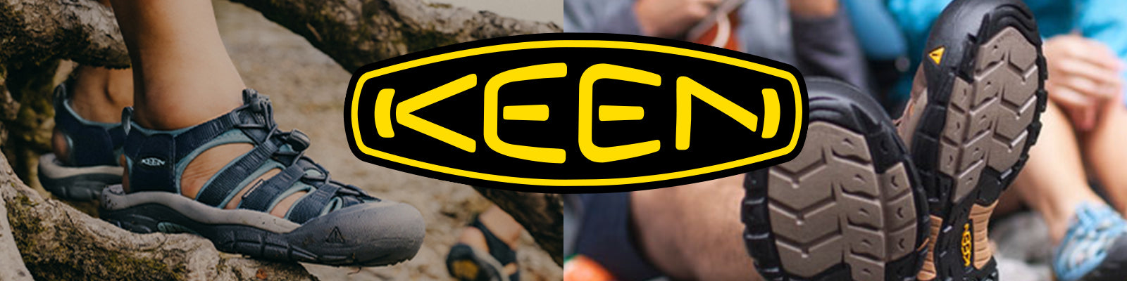 Close-up of Keen shoes with the brand logo overlayed.