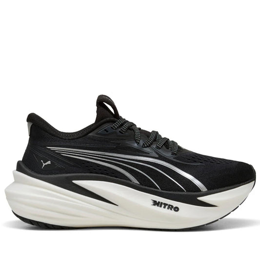 Black running shoe with white sole on a white background