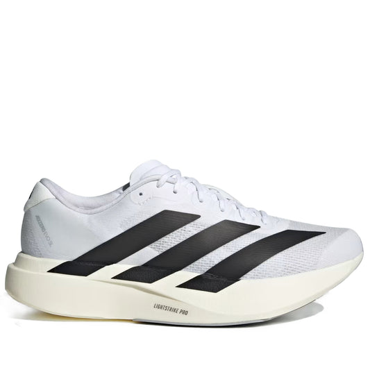 White Adidas running shoe with black stripes on a white background