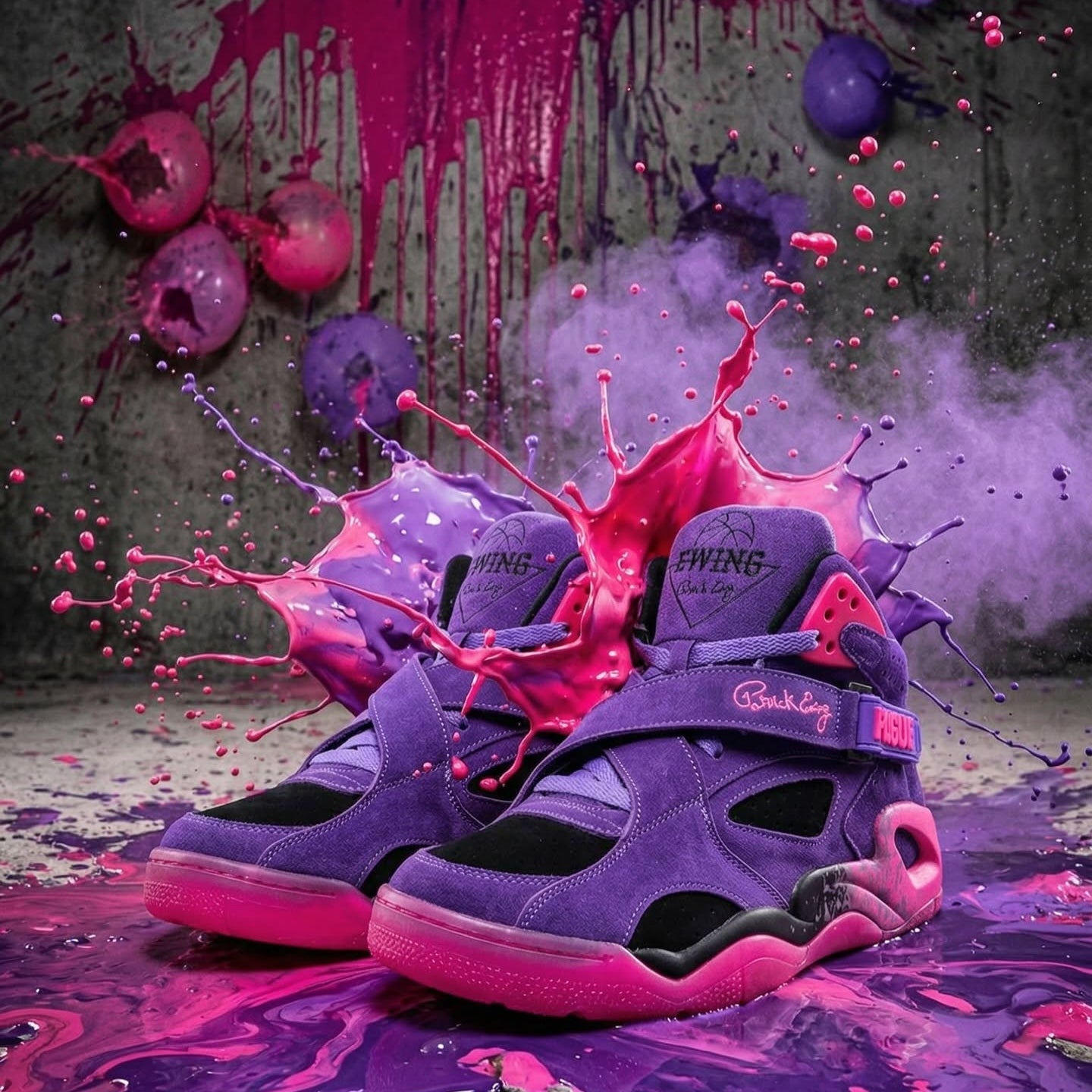 Purple and pink shoes with splashes on a dark background