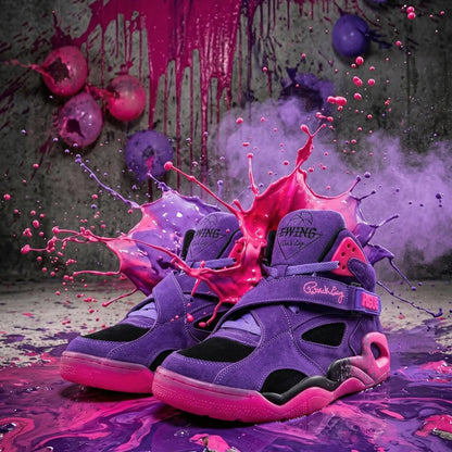 Purple and pink shoes with splashes on a dark background