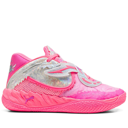 Pink and white sneaker with a visible brand logo on a white background