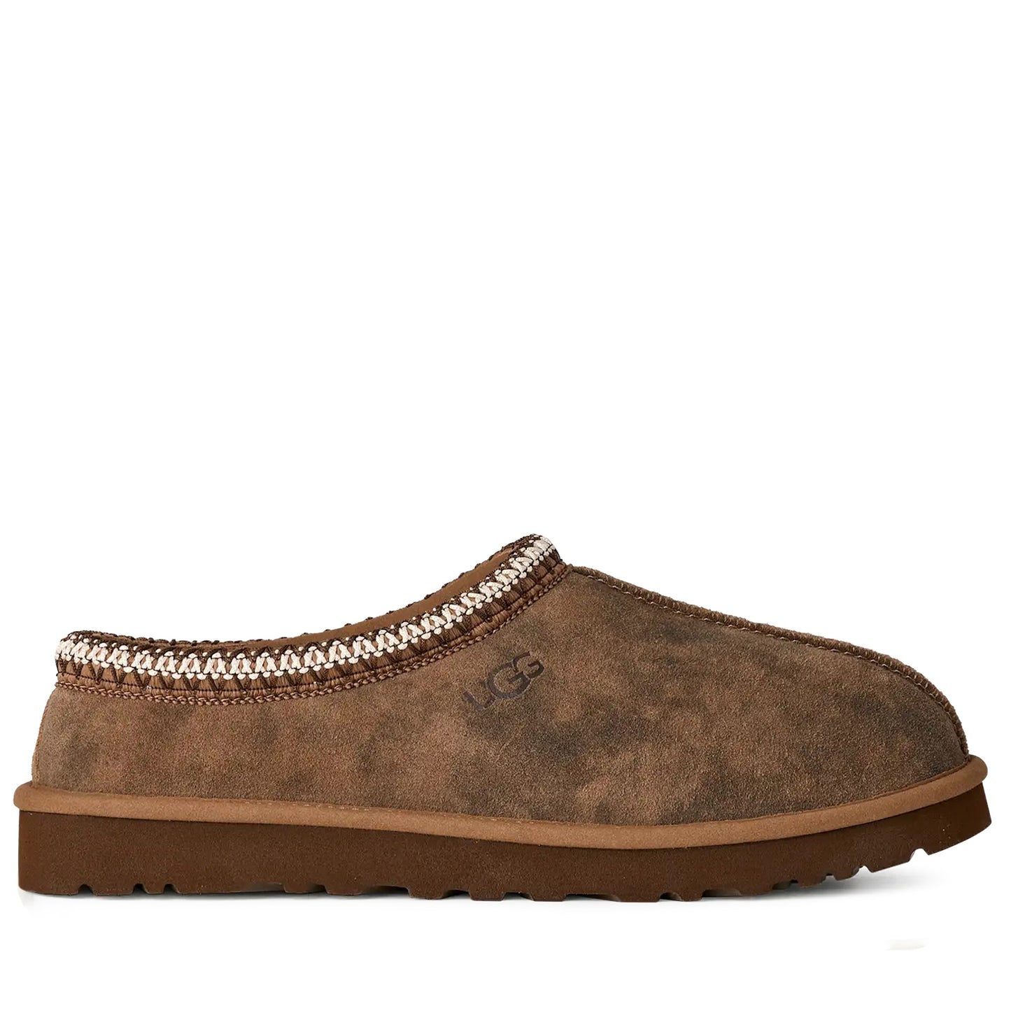 Brown slipper with decorative trim on a white background