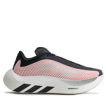 A single Adidas running shoe shown in a side profile view against a plain white background. The shoe features a black upper with a pink and gray mesh pattern, a thick white midsole with three black stripes, and 'HYPERBOOST' text on the side.