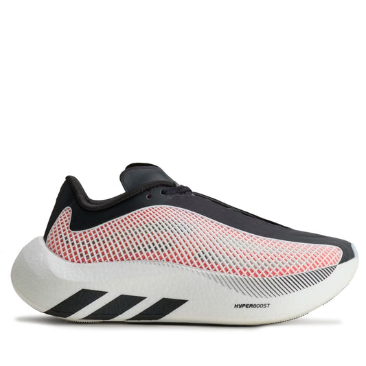 A single Adidas running shoe shown in a side profile view against a plain white background. The shoe features a black upper with a pink and gray mesh pattern, a thick white midsole with three black stripes, and 'HYPERBOOST' text on the side.