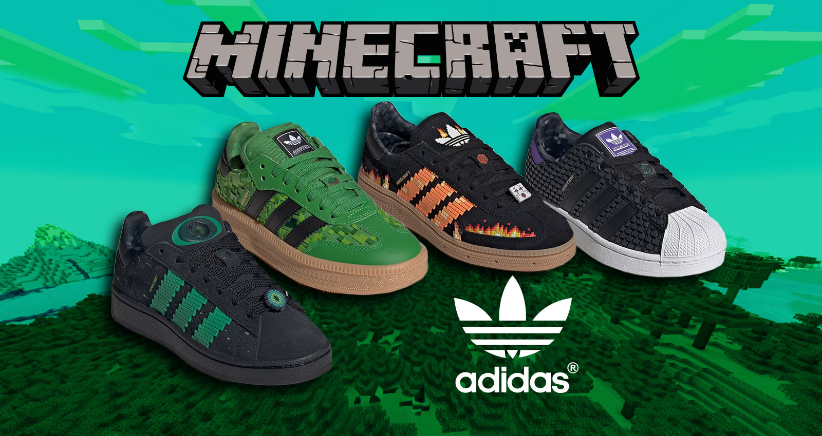 Adidas sneakers with Minecraft branding on a green and blue gradient background