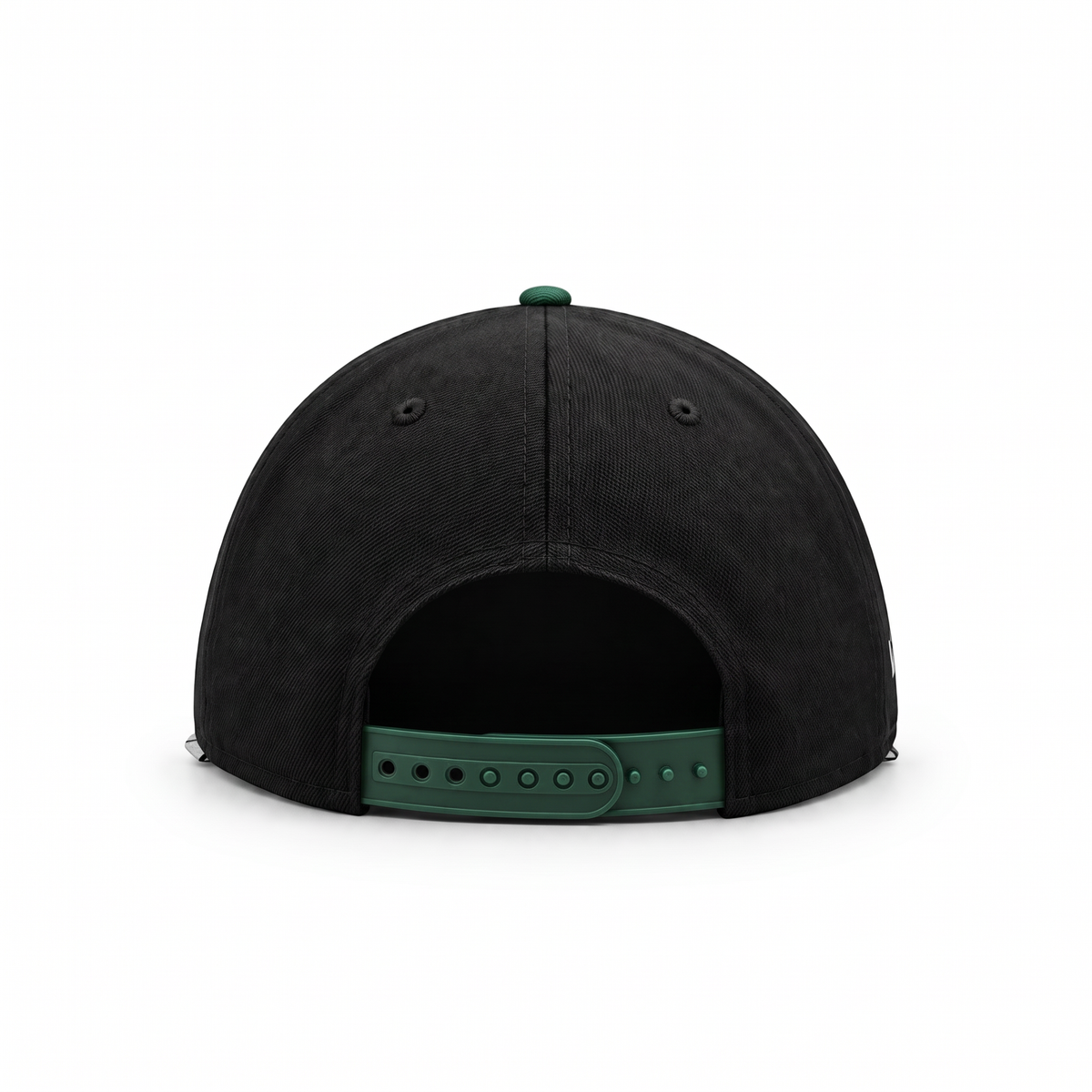 The back view of a black snapback cap with a contrasting green adjustable strap and green button on a white background.