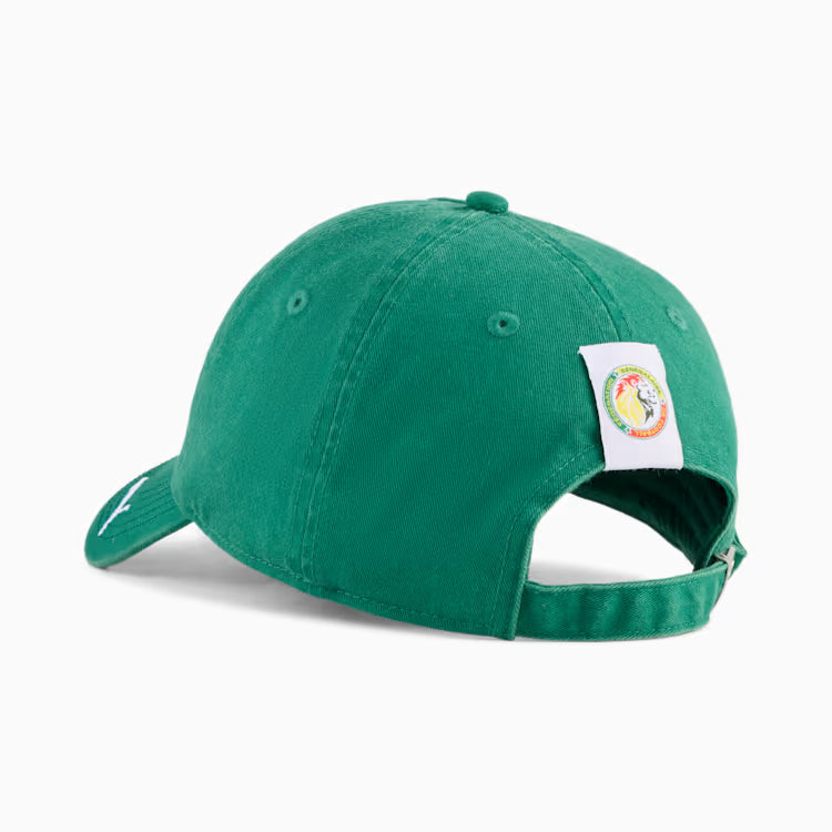Green cap with a logo on the back against a white background