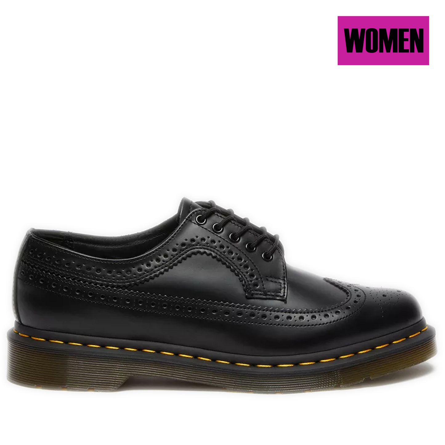 Women's Dr. Martens 3989 Yellow Stitch Smooth Leather Brogue Shoes - Black Smooth