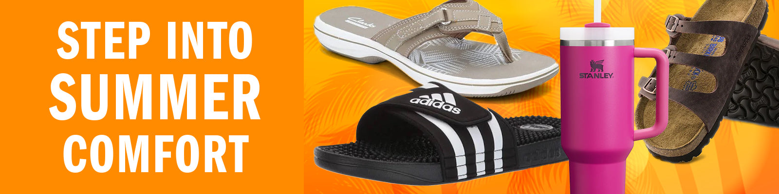 Promotional banner for summer comfort with sandals, a cup, and text on an orange background