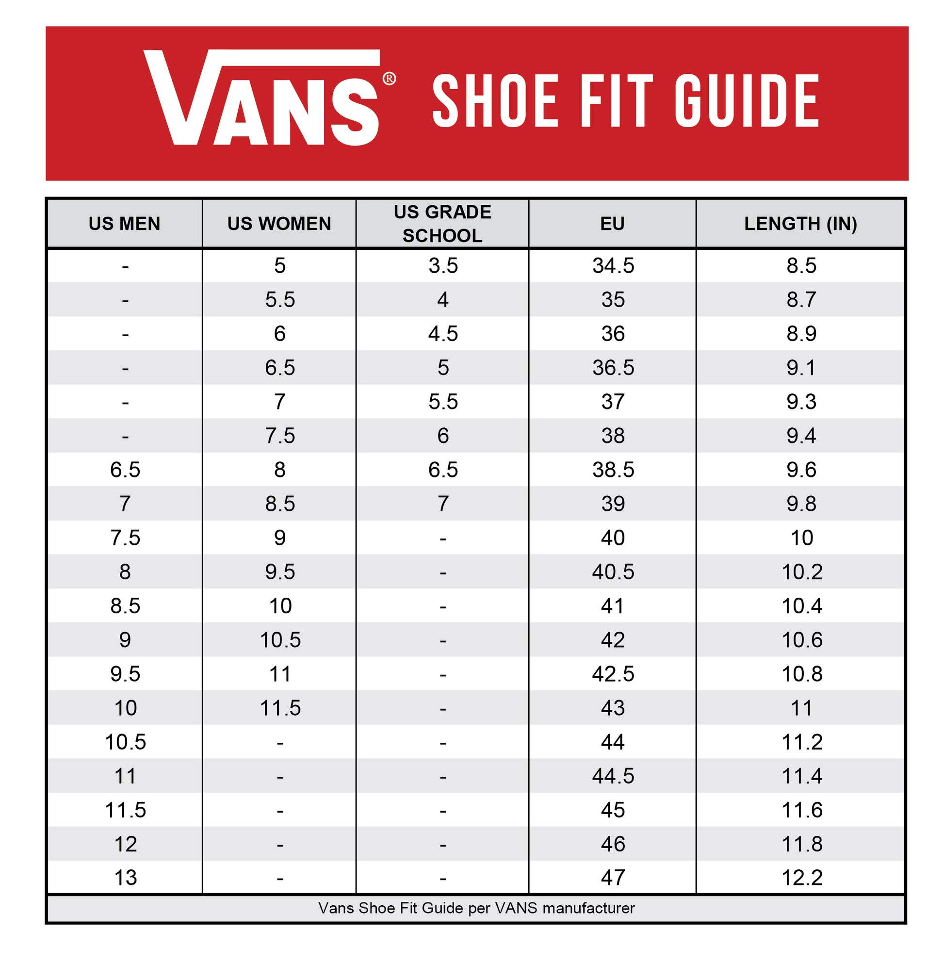 Vans shoe size chart for men, women, and school grades with a red border.