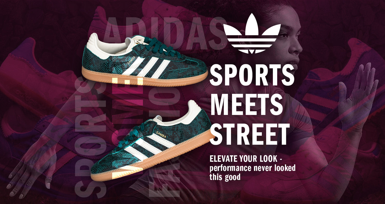 Adidas sneakers with a blurred person and brand logo on a dark background