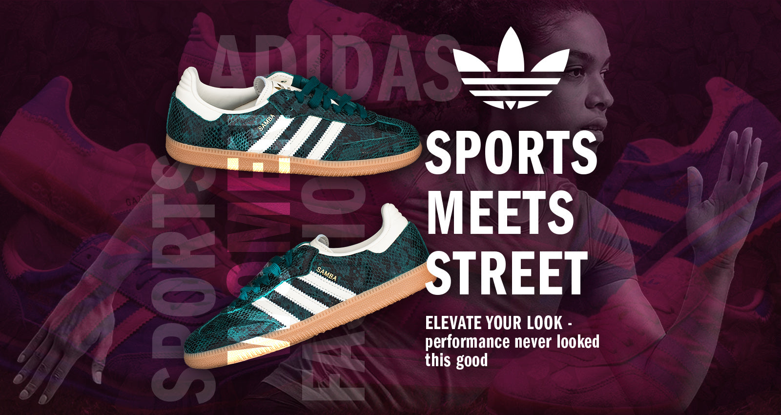 Adidas sneakers with a blurred person and brand logo on a dark background