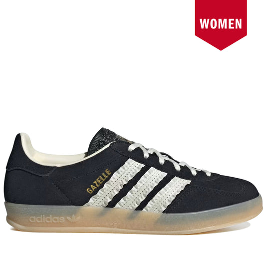 Black Adidas Gazelle sneaker with white stripes on a white background
