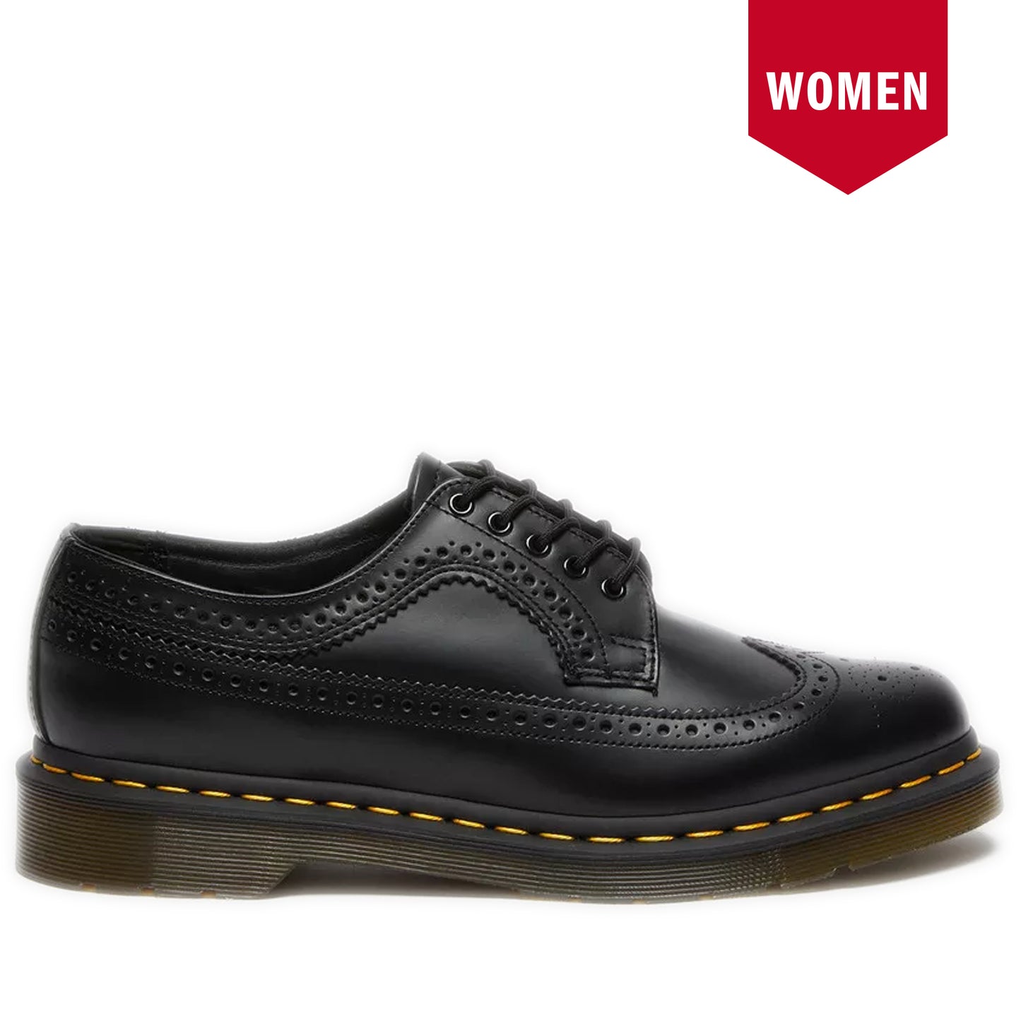 Women's Dr. Martens 3989 Yellow Stitch Smooth Leather Brogue Shoes - Black Smooth