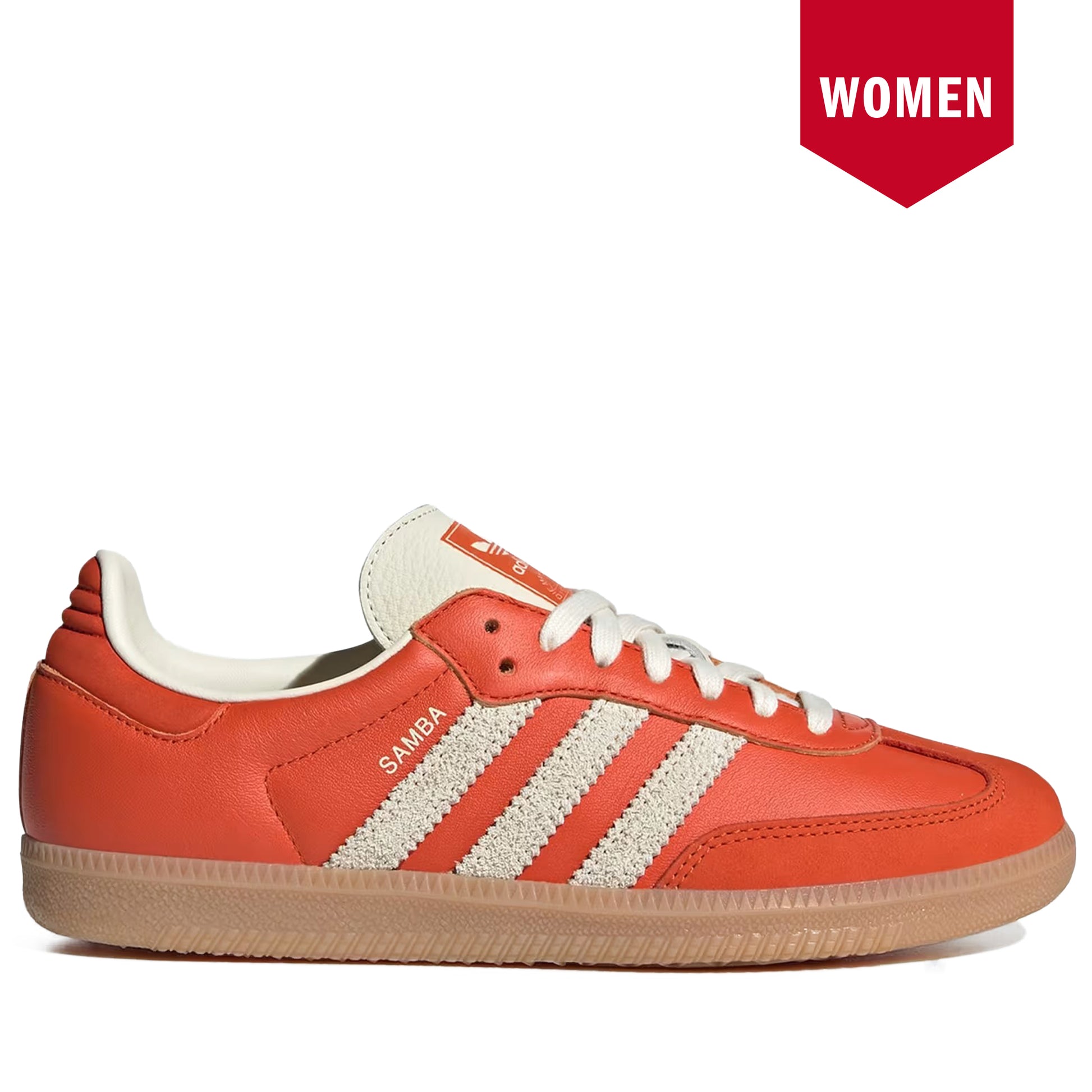 Red Adidas sneaker with white stripes on a white background