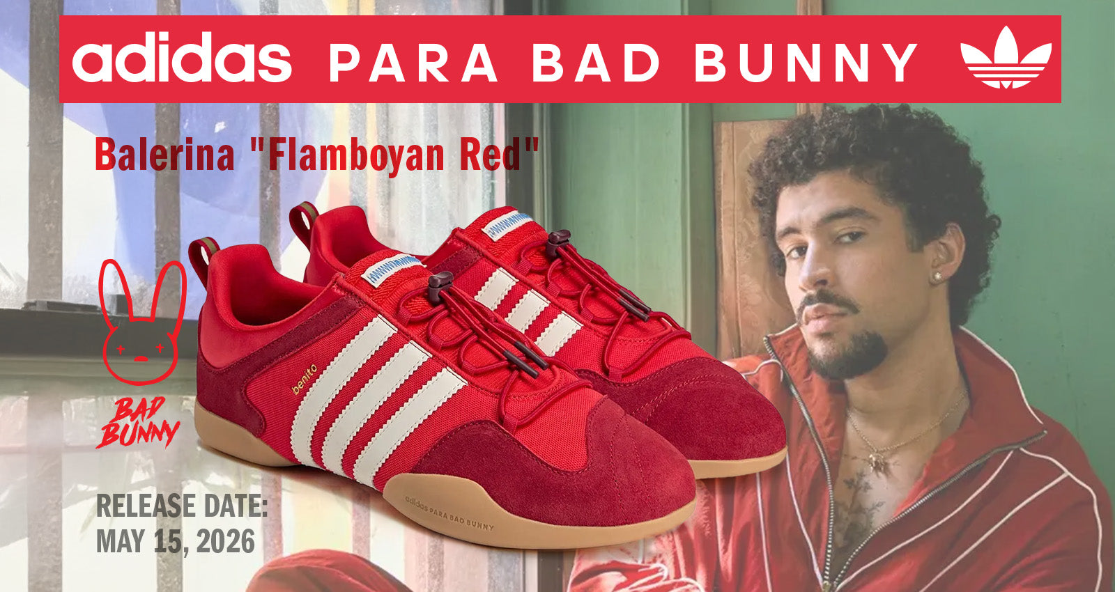 promo banner for adidas para bad bunny_banner_balerina_red. bad bunny on the background and red adidas shoes