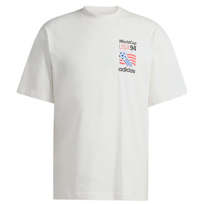 White t-shirt with Adidas logo and World Cup USA 94 graphics on a white background