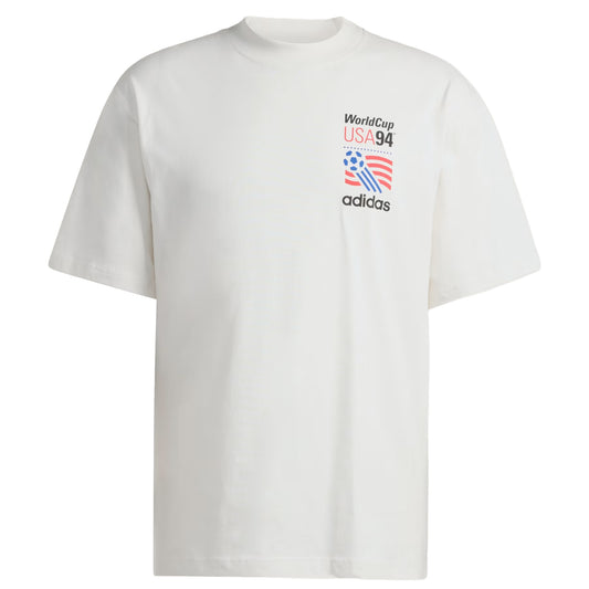 White t-shirt with Adidas logo and World Cup USA 94 graphics on a white background