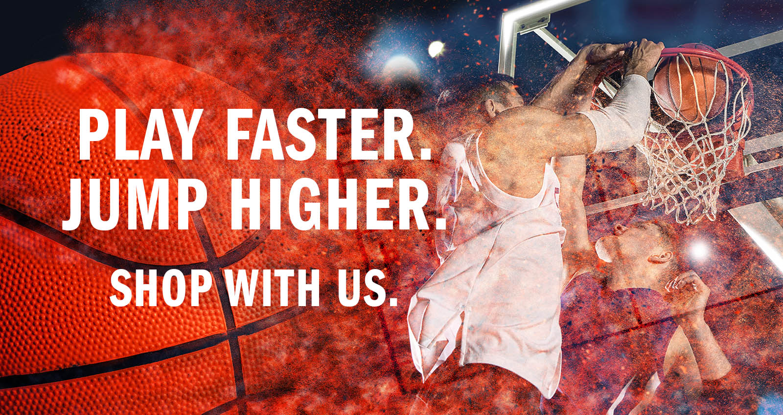 Basketball player dunking a basketball with promotional text overlay on a red and orange background.