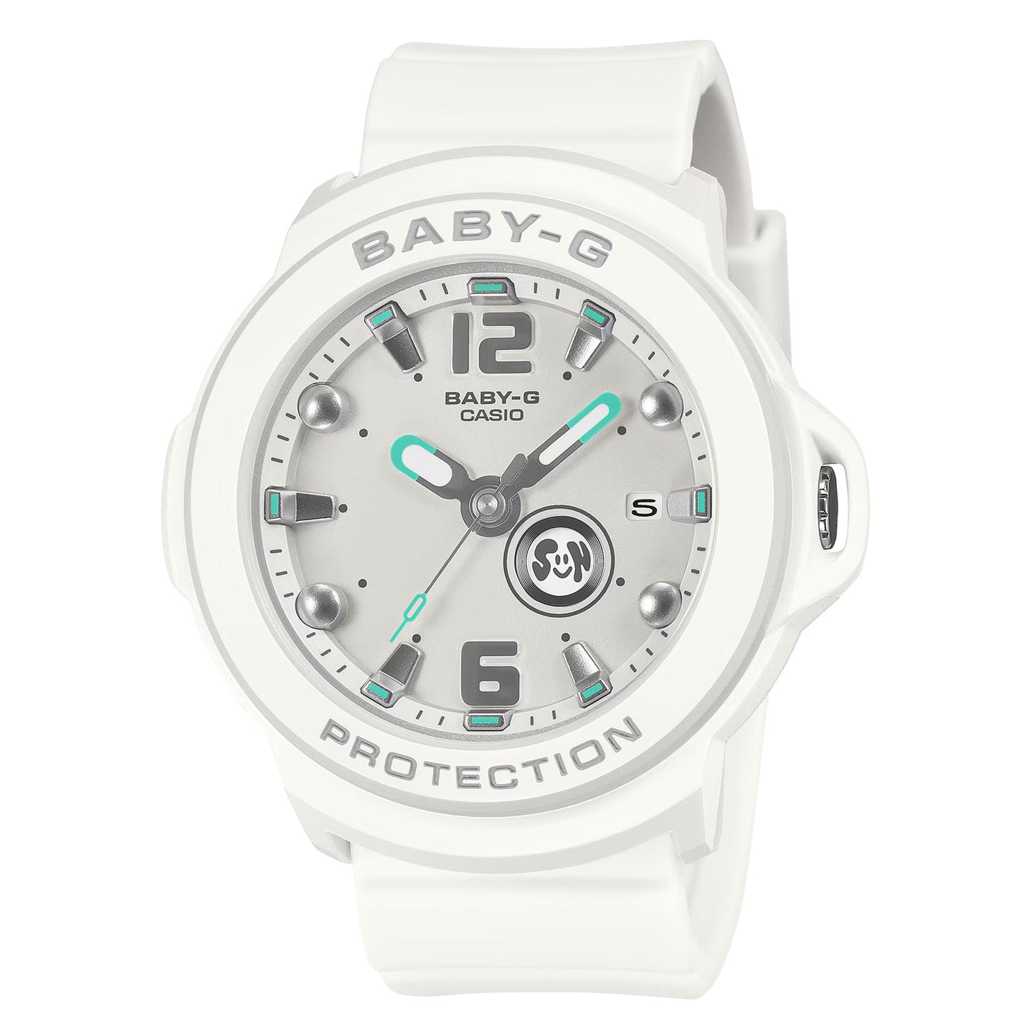 A white Casio Baby-G watch with a white silicone strap, featuring a light gray dial with black hands, silver hour markers, and turquoise accents.