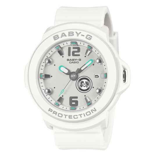 A white Casio Baby-G watch with a white silicone strap, featuring a light gray dial with black hands, silver hour markers, and turquoise accents.