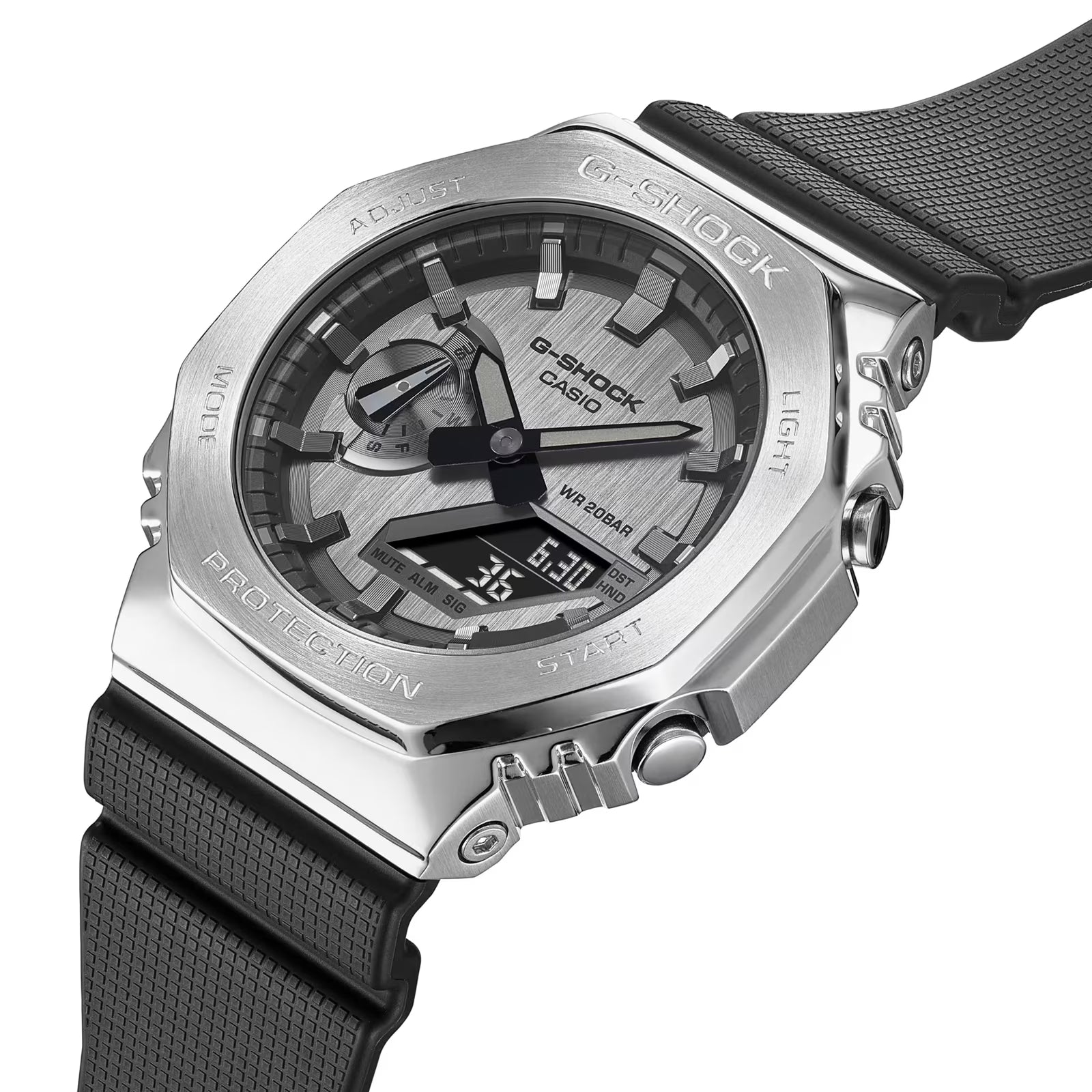 G-Shock watch with black strap and silver case on white background