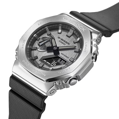 G-Shock watch with black strap and silver case on white background