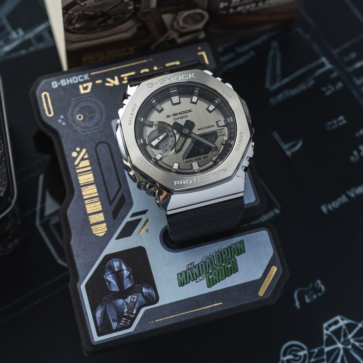 G-Shock watch with 'The Mandalorian' design on a dark background