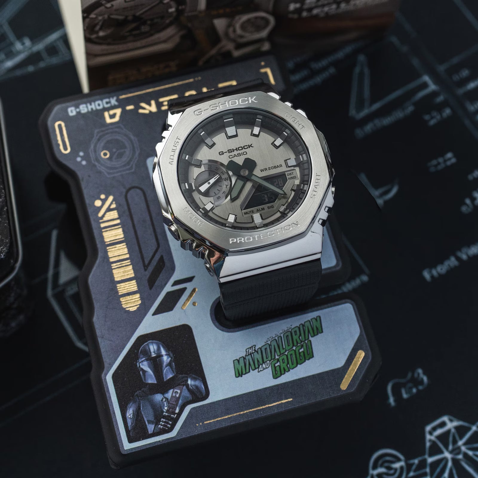 G-Shock watch with 'The Mandalorian' design on a dark background