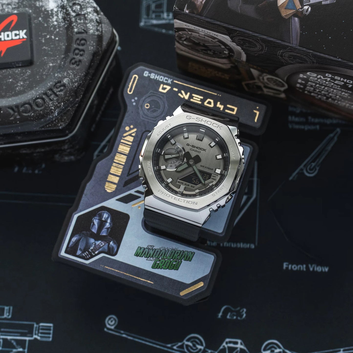 G-Shock watch on a display card with brand logo in the background