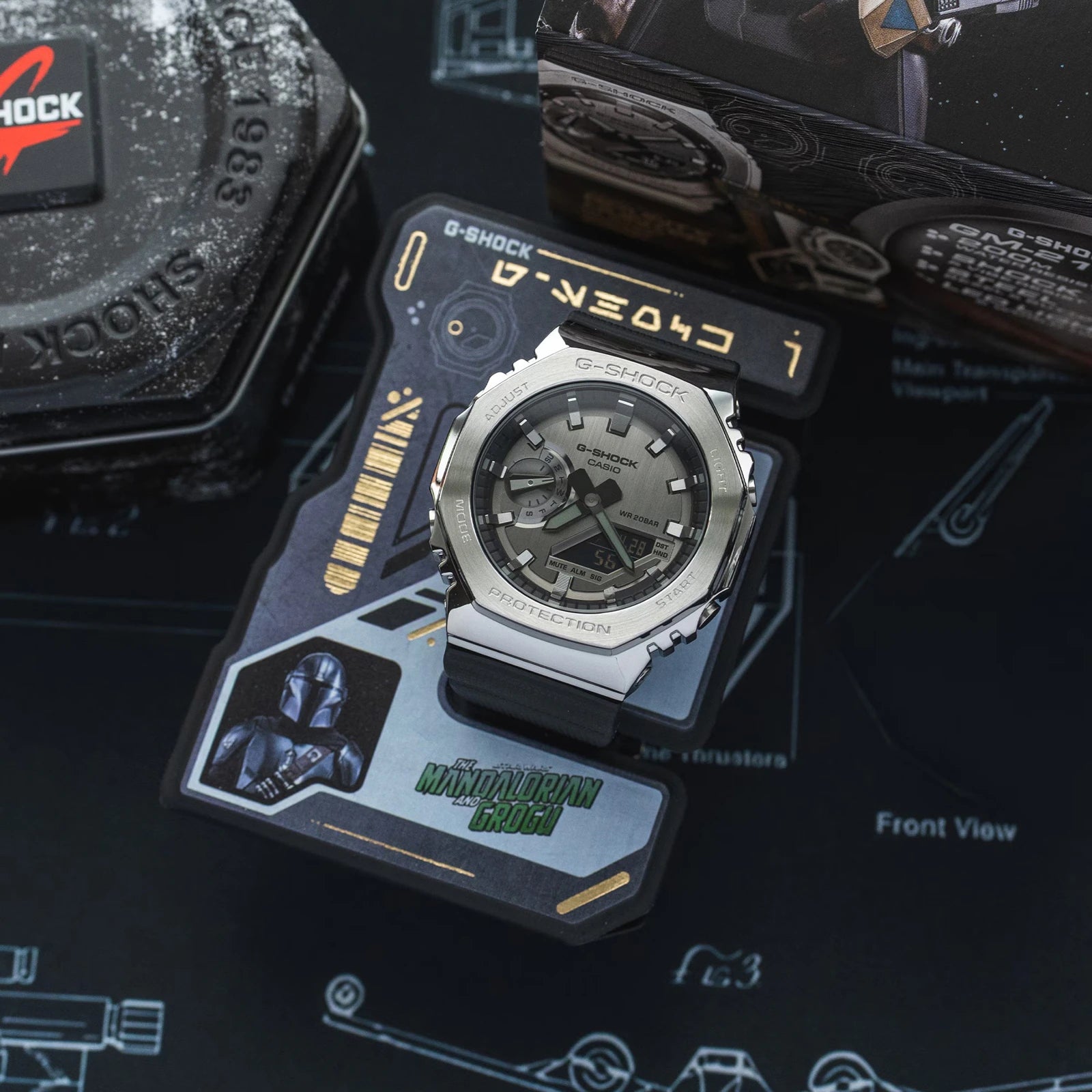 G-Shock watch on a display card with brand logo in the background