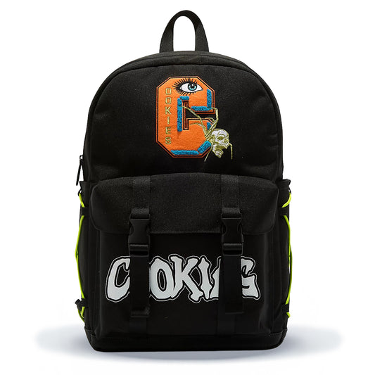 Black backpack with colorful design and 'Cookie' branding on a white background