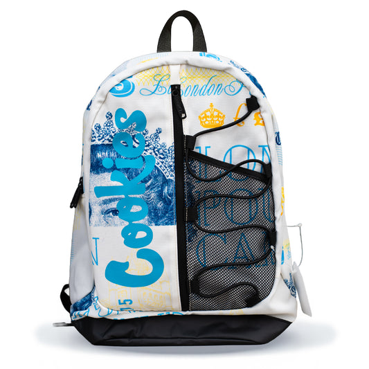 Backpack with visible branding on a white background