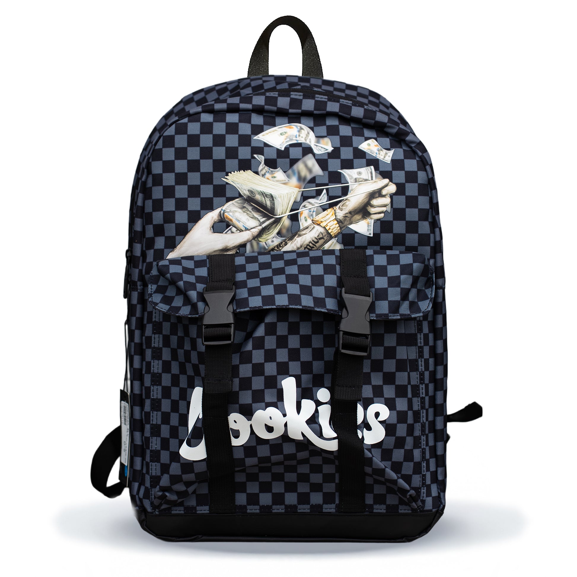 Checkered backpack with 'Cookies' branding on a white background