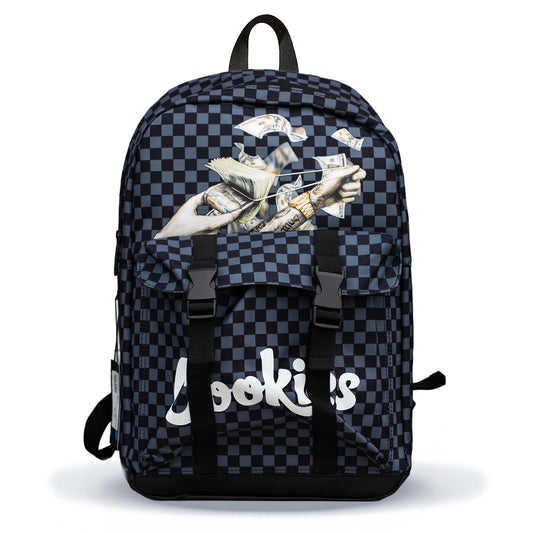 Checkered backpack with 'Cookies' branding on a white background