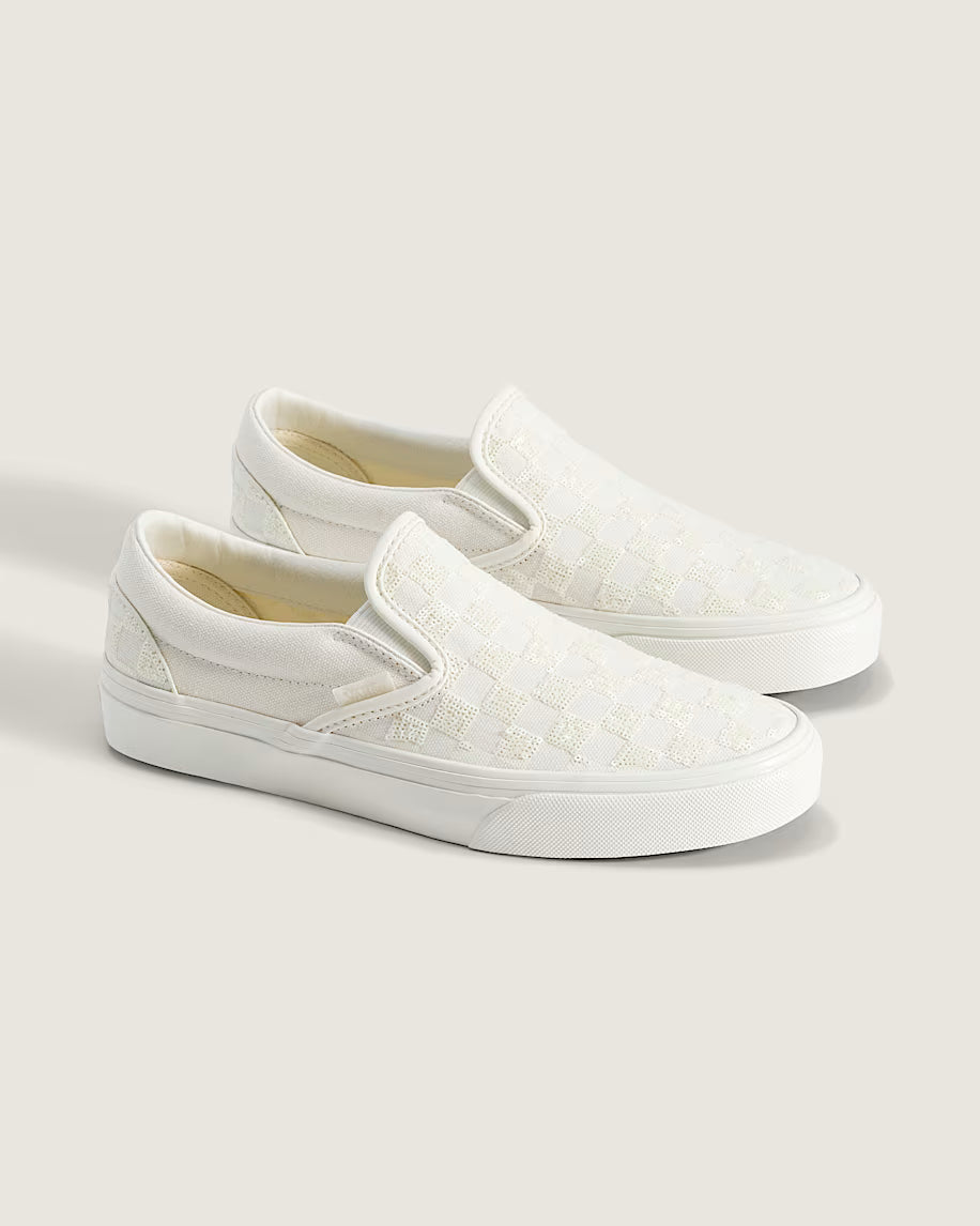 Vans Classic Slip-On Checkerboard Beaded GS - True White