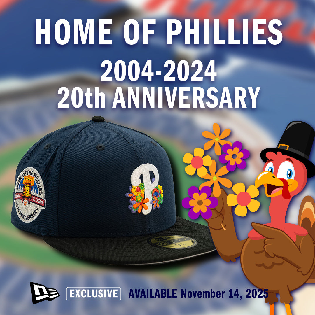 Promotional graphic for a baseball cap with floral design and cartoon turkey, celebrating Phillies' 20th anniversary home of phillies.