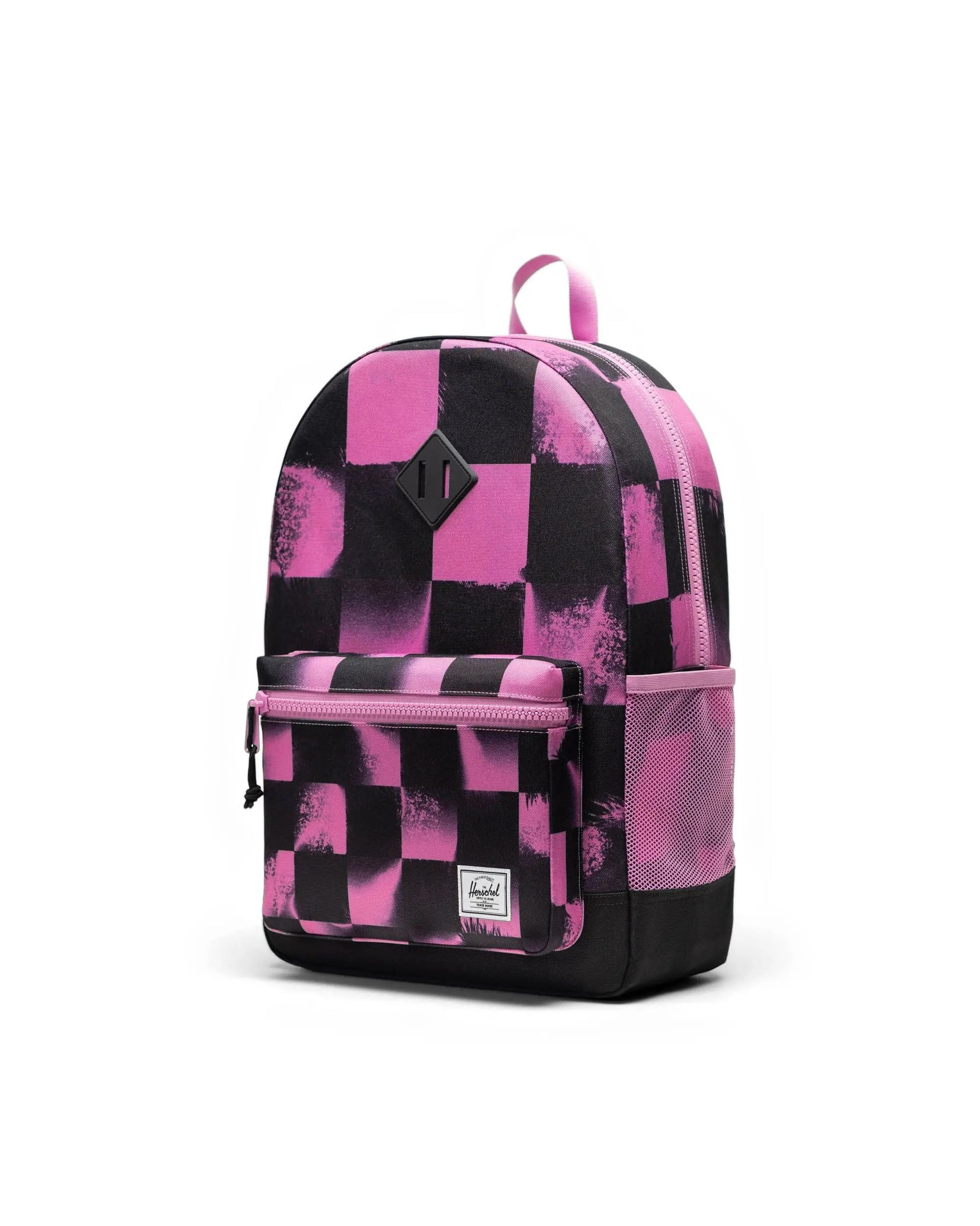 Backpack with pink and black checkered pattern on a white background