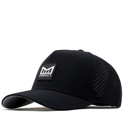 A black baseball cap with a structured front panel, curved brim, perforated side panels, and a black rectangular patch on the front featuring the Melin logo.