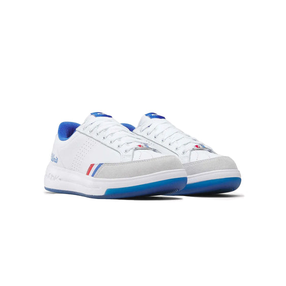 A pair of white and light gray low-top sneakers with bright blue accents and red and blue stripes on the side, shown against a plain white background.