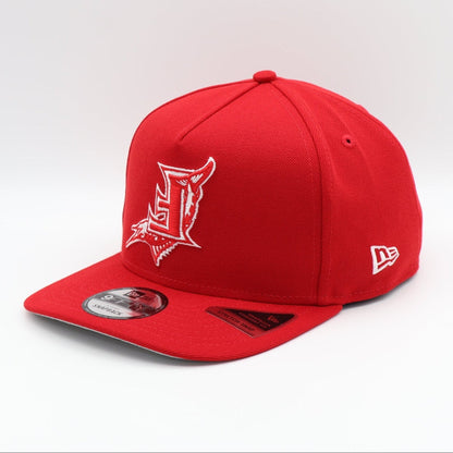 Red baseball cap with a logo on a white background