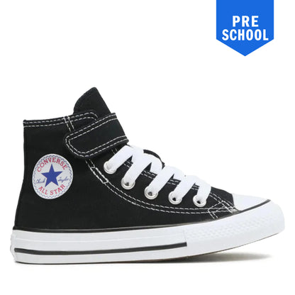 A black Converse high-top sneaker with white laces, a white rubber toe cap and sole, and a blue circular All Star patch on the side. A blue 'PRE SCHOOL' badge is in the top right corner.