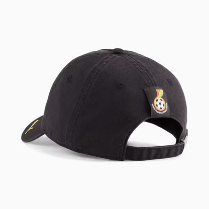 Black cap with a logo on the side against a white background