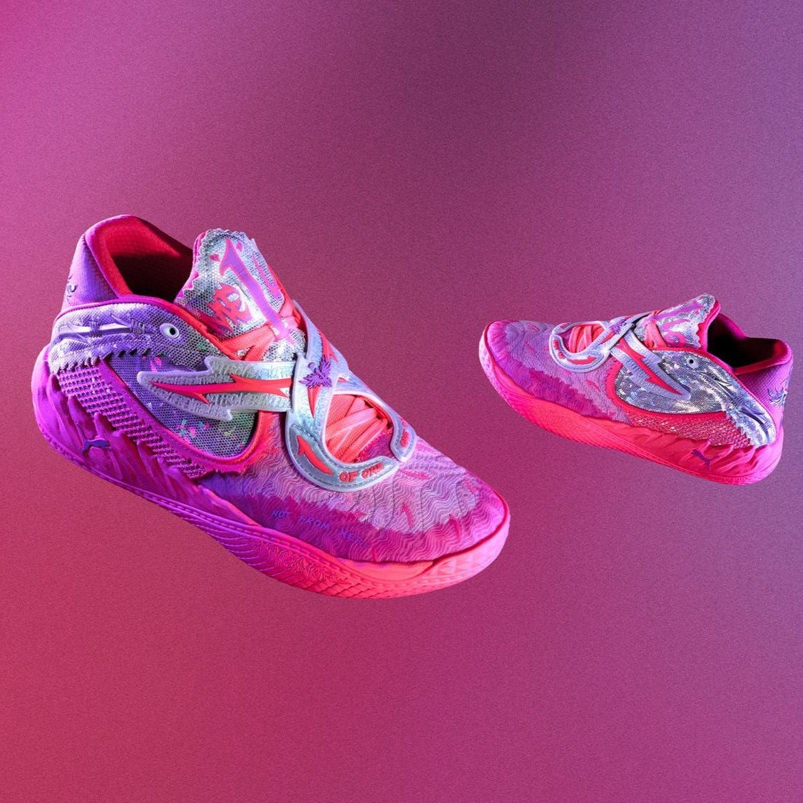 Colorful sneakers on a gradient pink and purple background