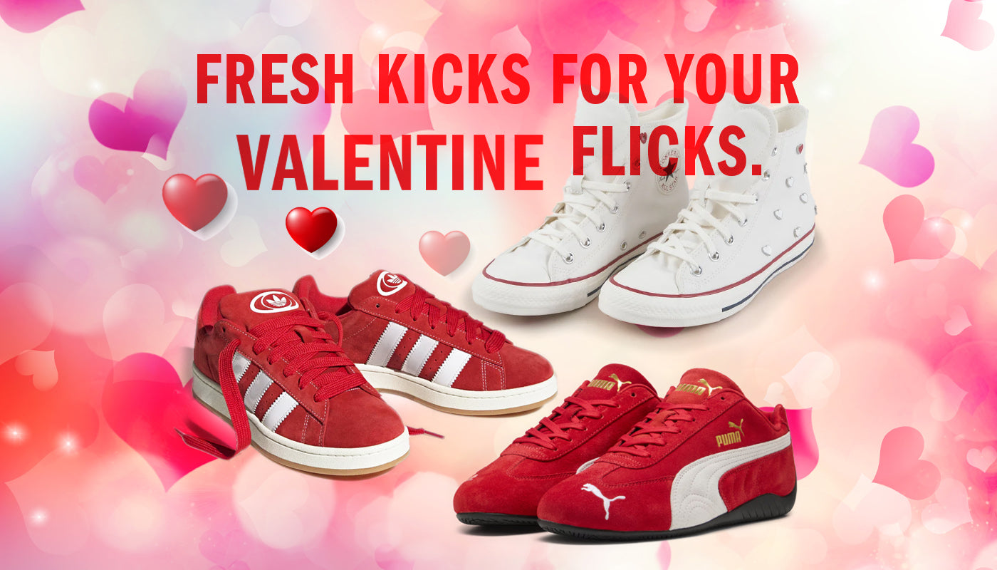 PROMO Red and white sneakers with hearts and text on a pink background. Use code LOVELY2026 for 20% OFF Women & Kids Collections.