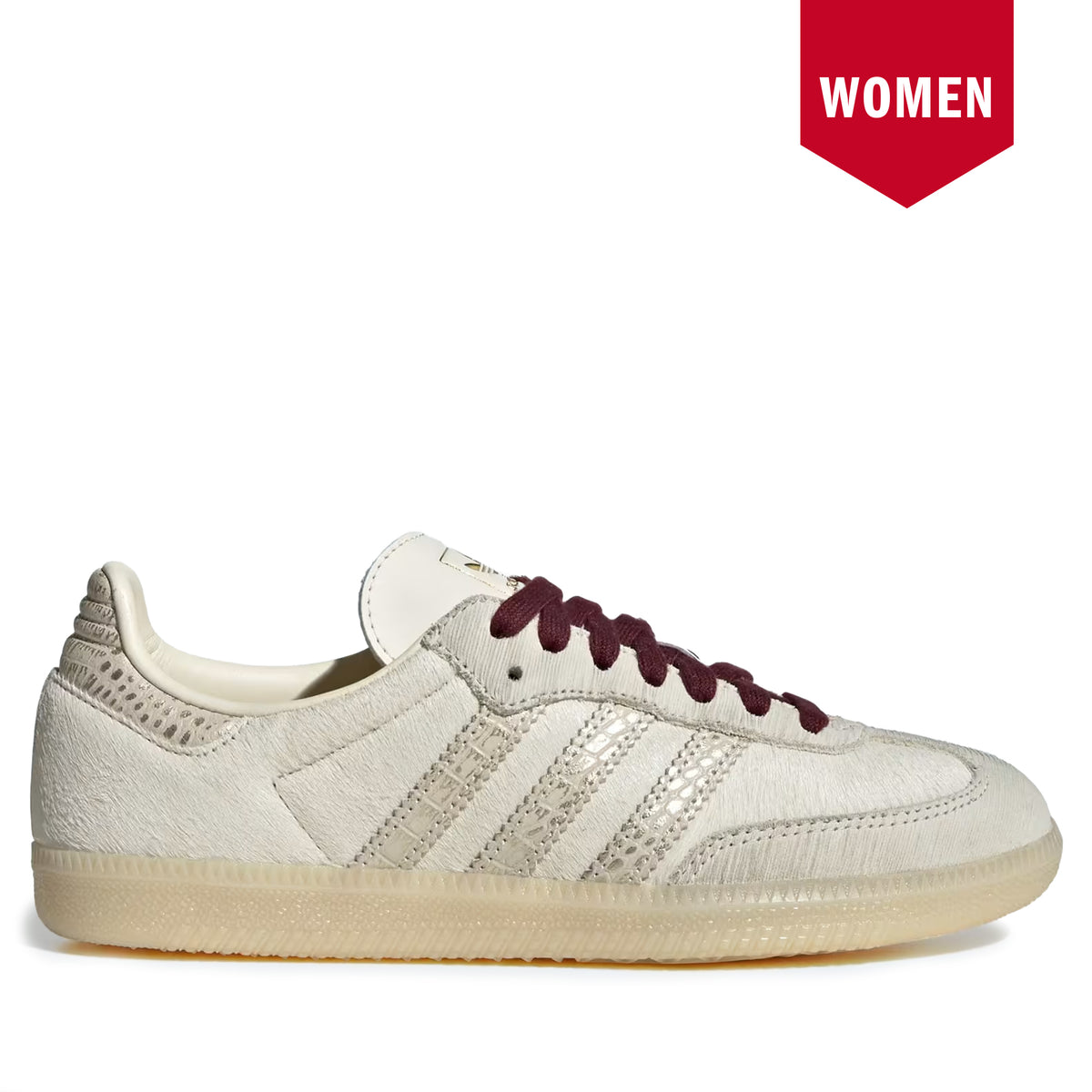 A low-top Adidas Samba sneaker in off-white textured leather with metallic silver stripes, burgundy laces, and a translucent gum sole, shown on a white background with a red 'WOMEN' badge in the top right.